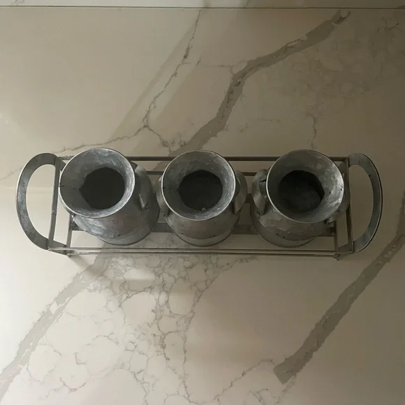 Galvanized Metal Milk Can Trio with Stand - Picture 2 of 13